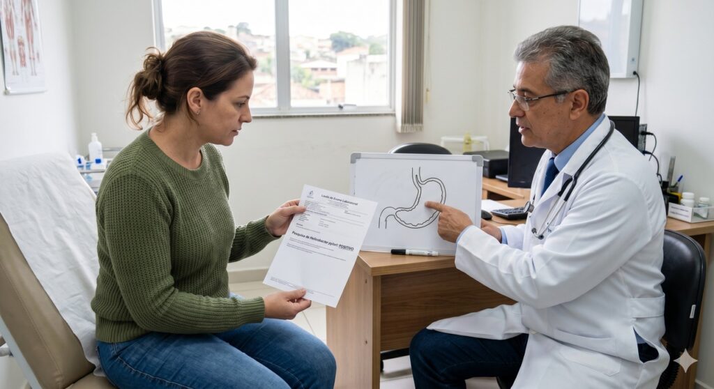 A pesquisa de H. pylori pode fazer parte da avaliação de sintomas digestivos persistentes.
