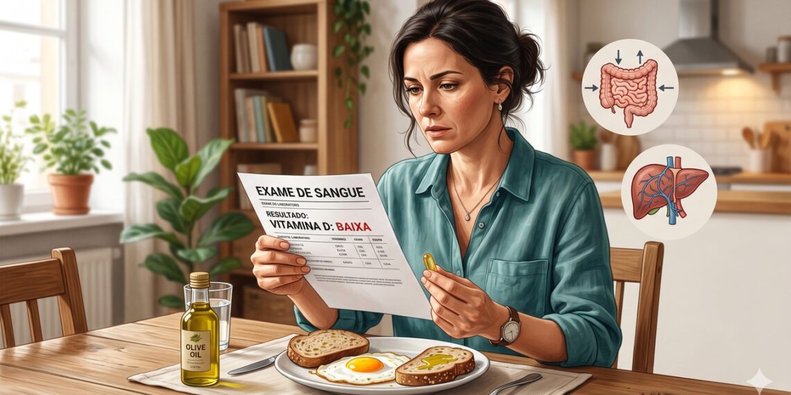 A vitamina D baixa pode envolver absorção intestinal, gordura na refeição e metabolismo do fígado.