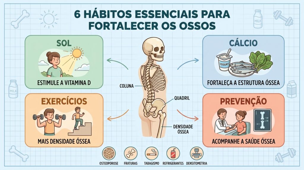 Vitamina D, cálcio e movimento são pilares essenciais da saúde óssea.