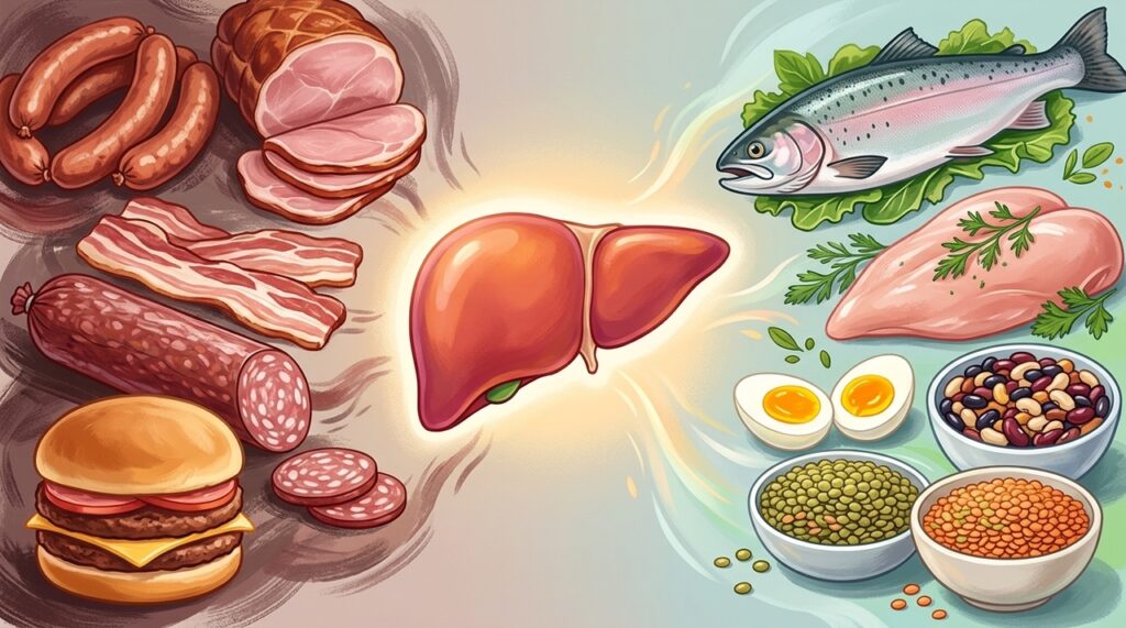Quais são os efeitos do consumo de linguiça, presunto, e outras carnes processadas em pessoas com doença hepática gordurosa?