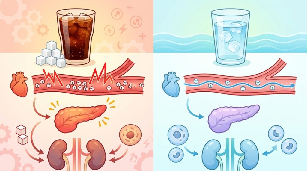 O que acontece com o açúcar no sangue quando você troca refrigerante por água regularmente?