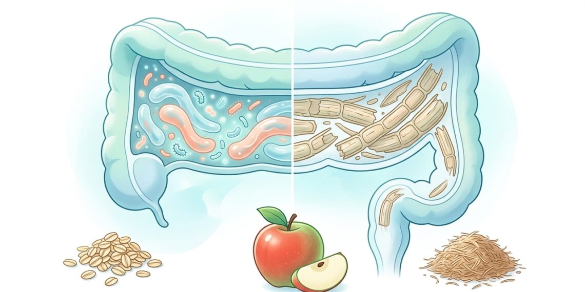 Como as fibras solúveis e insolúveis agem de formas diferentes no intestino