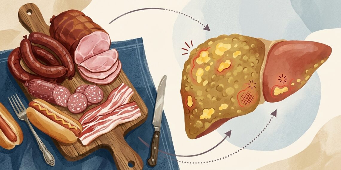 Quais são os efeitos do consumo de linguiça, presunto, e outras carnes processadas em pessoas com doença hepática gordurosa?