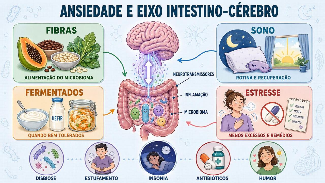 Fibras, sono, fermentados e controle do estresse sustentam o eixo intestino-cérebro.