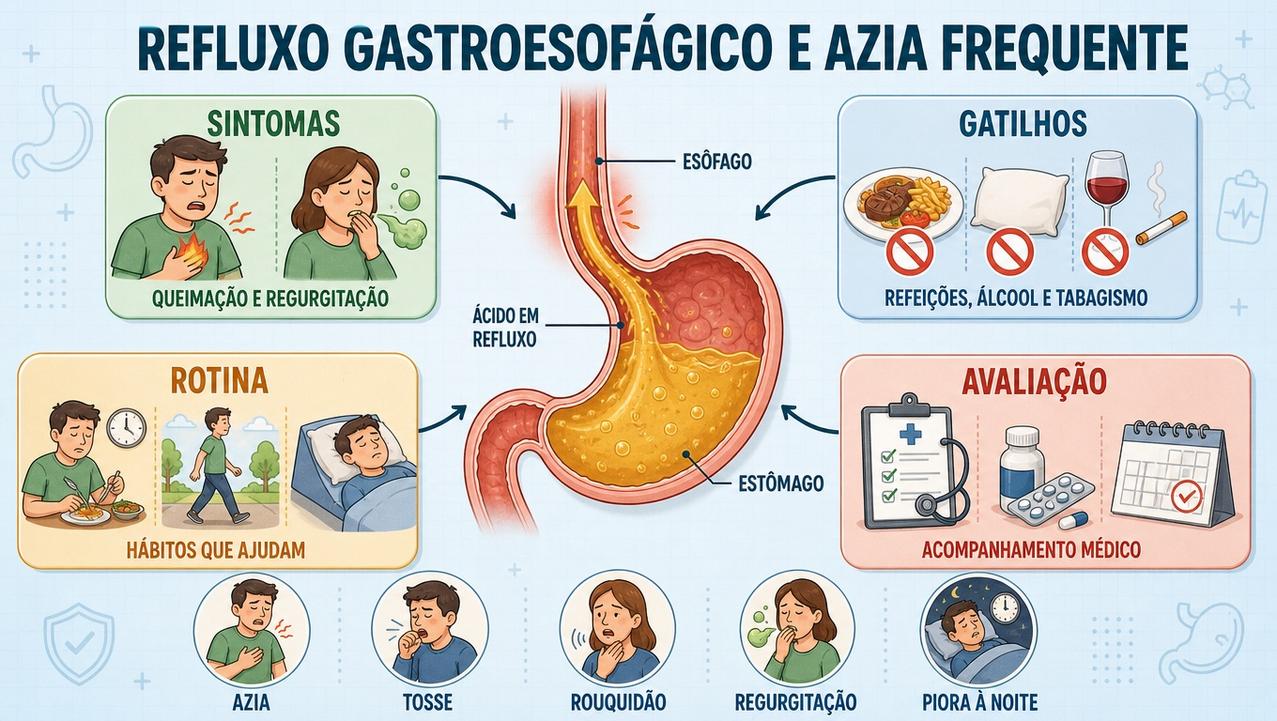 Sintomas, gatilhos, rotina e avaliação orientam o cuidado do refluxo.
