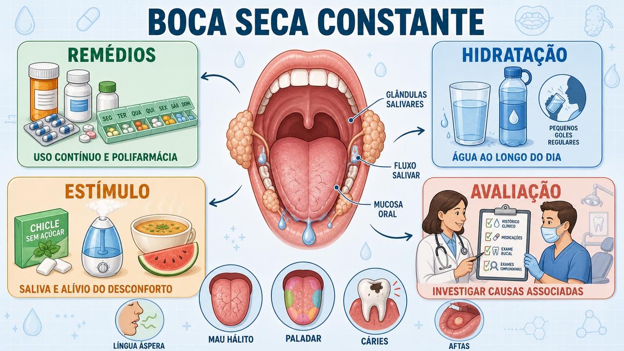 Infográfico resume remédios, hidratação, estímulo salivar e avaliação médica.