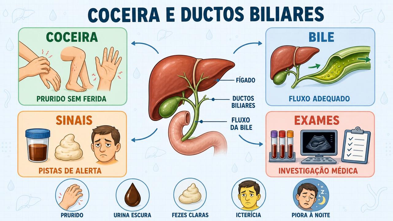 Infográfico resume sinais, fluxo da bile, exames e alertas dos ductos biliares.