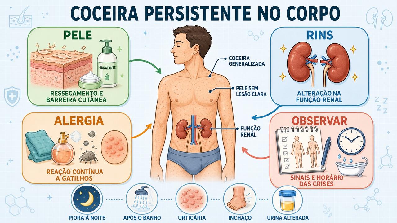 Infográfico resume pele, rins, alergia e sinais de alerta da coceira.