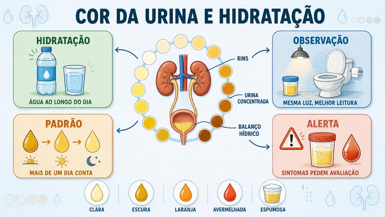 Hidratação, observação, padrão e sinais de alerta orientam a leitura urinária.