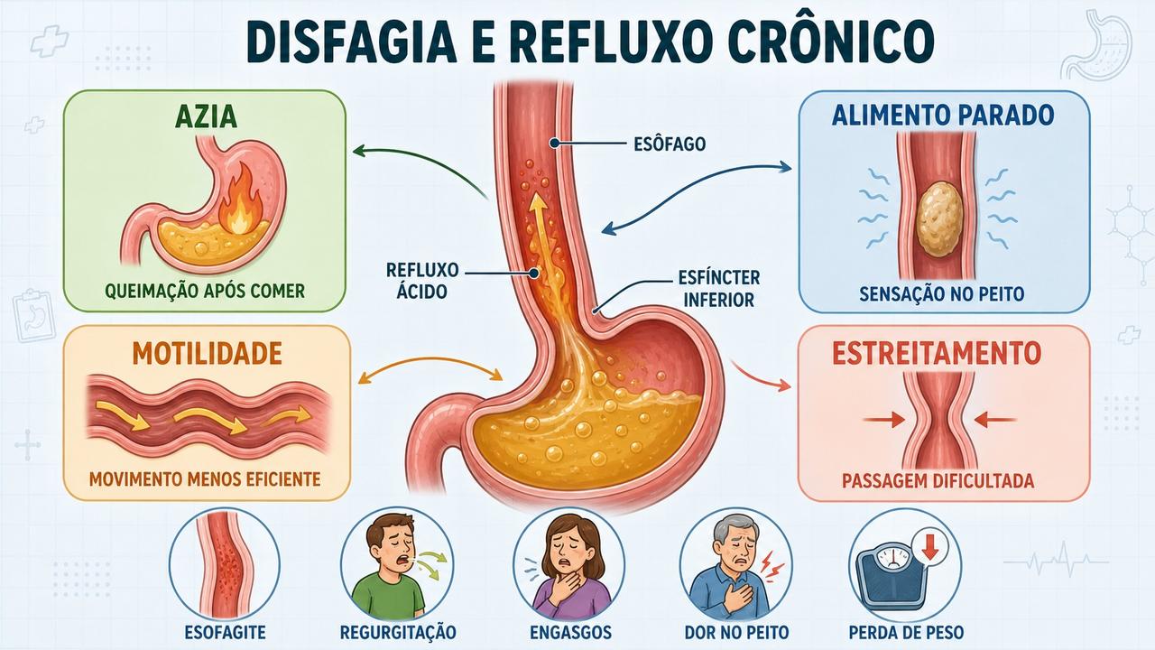 Azia, motilidade, estreitamento e alimento parado resumem os principais sinais esofágicos.