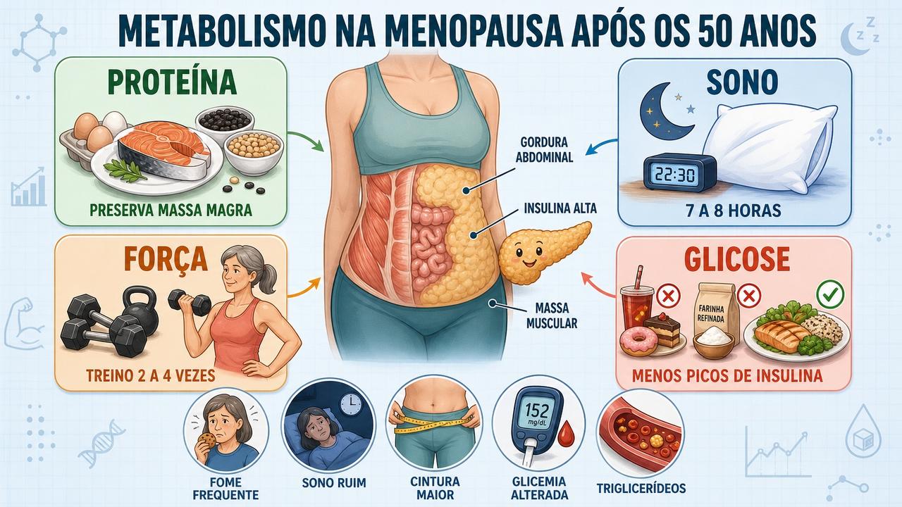 Proteína, sono, treino de força e controle glicêmico sustentam o metabolismo.
