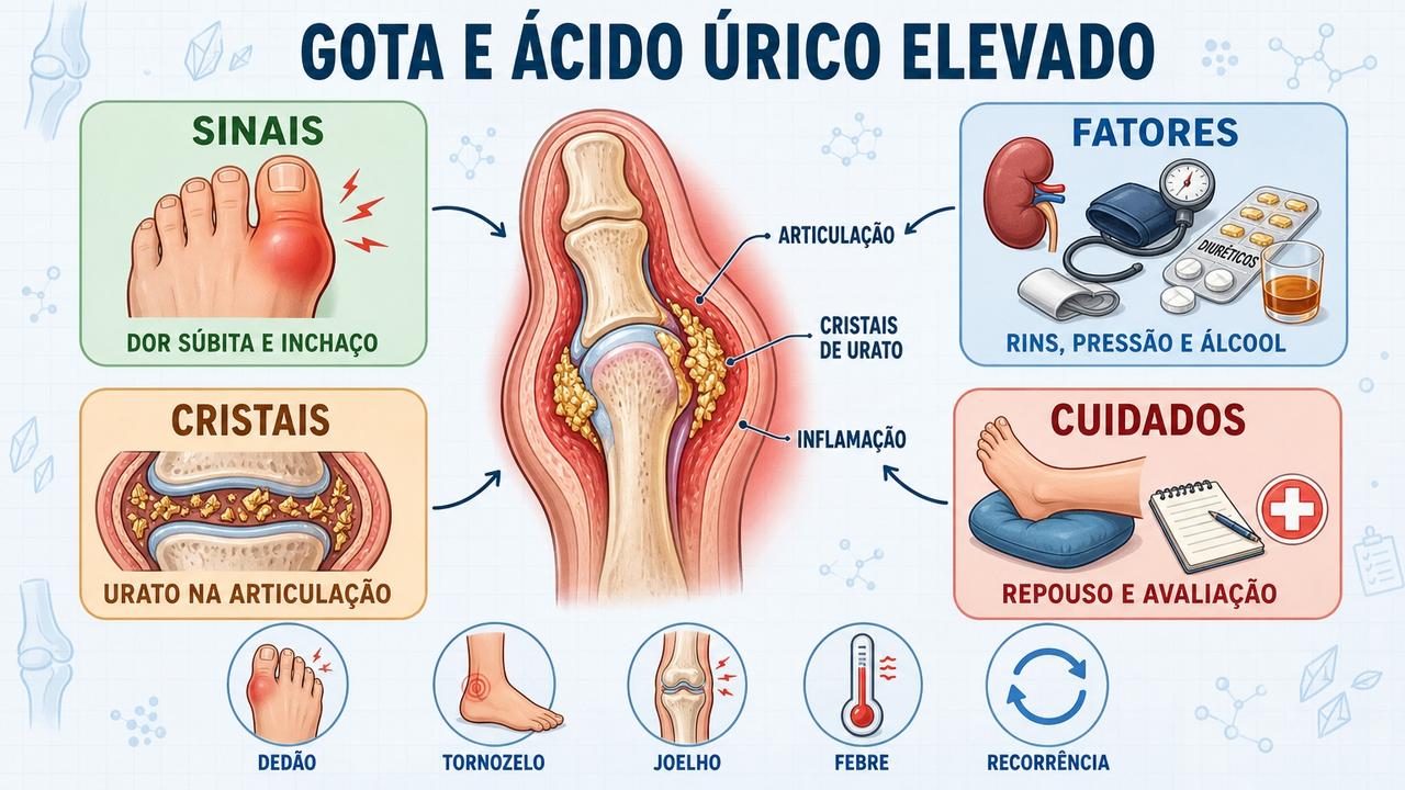 Infográfico resume sinais, fatores, cristais e cuidados na suspeita de gota.
