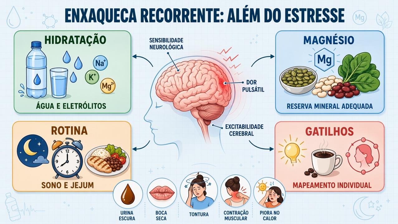 Hidratação, magnésio, rotina e gatilhos ajudam a entender crises recorrentes.