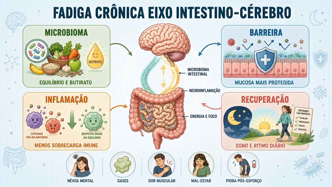 Infográfico resume microbioma, barreira intestinal, inflamação e recuperação na fadiga crônica.