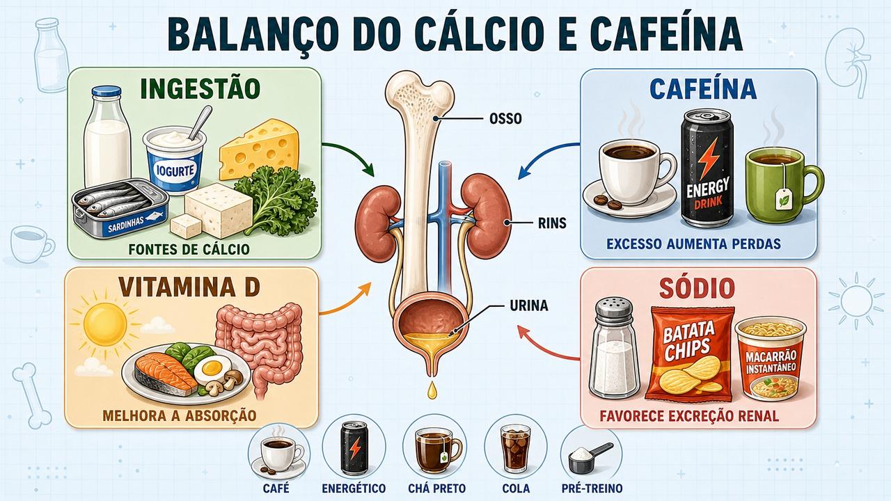 Infográfico resume ingestão, cafeína, vitamina D e sódio no balanço do cálcio.
