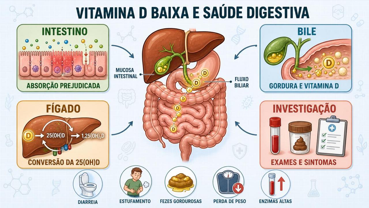 Infográfico mostra intestino, bile, fígado e investigação na deficiência de vitamina D.
