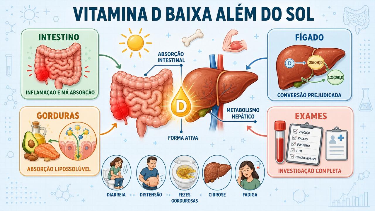 Infográfico resume intestino, fígado, absorção de gorduras e exames na deficiência.
