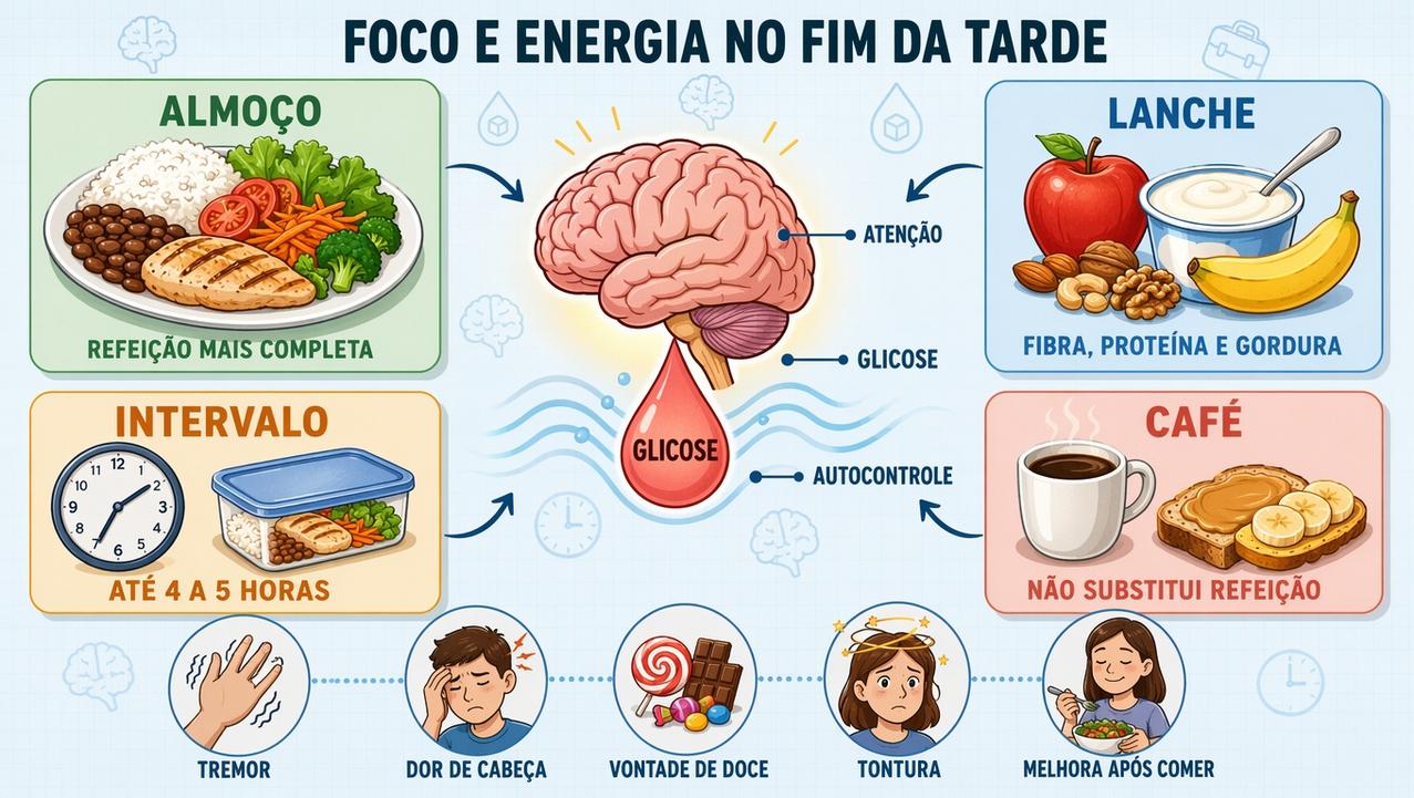 Almoço adequado, lanche estratégico, intervalo menor e menos café sustentam energia.