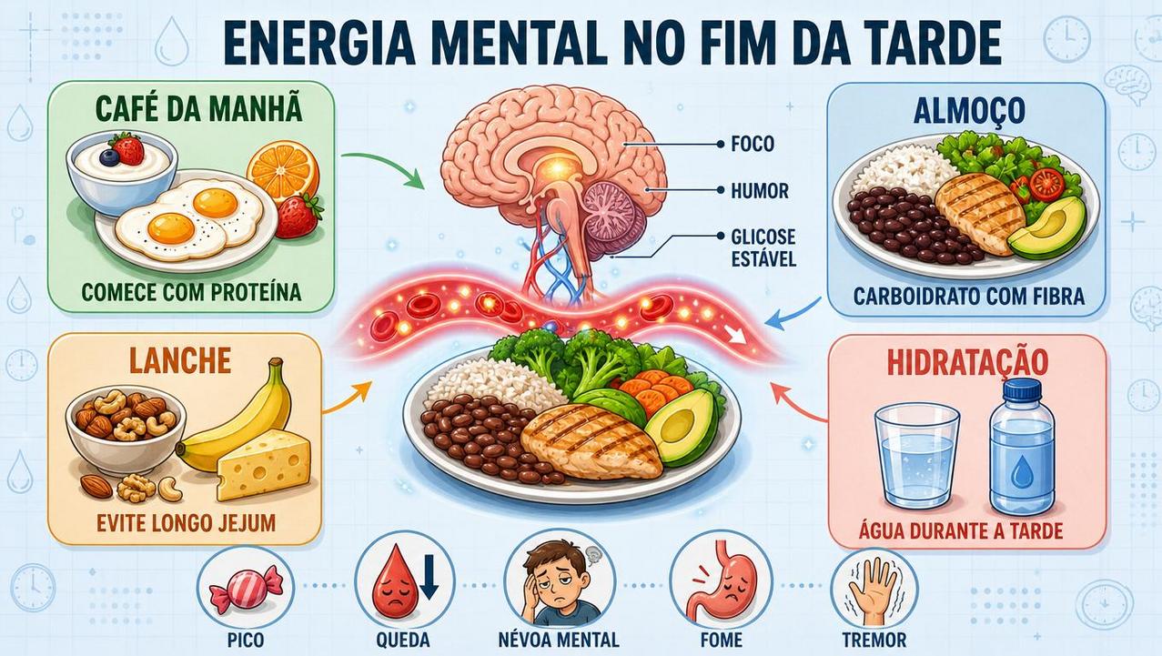 Proteína, almoço equilibrado, lanche e hidratação ajudam a estabilizar a energia.