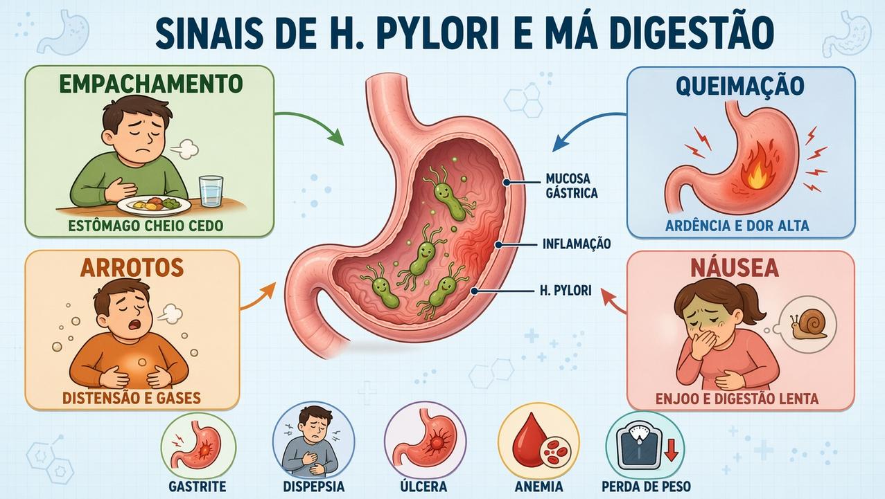 Empachamento, queimação, arrotos e náusea formam sinais comuns ligados ao H. pylori.