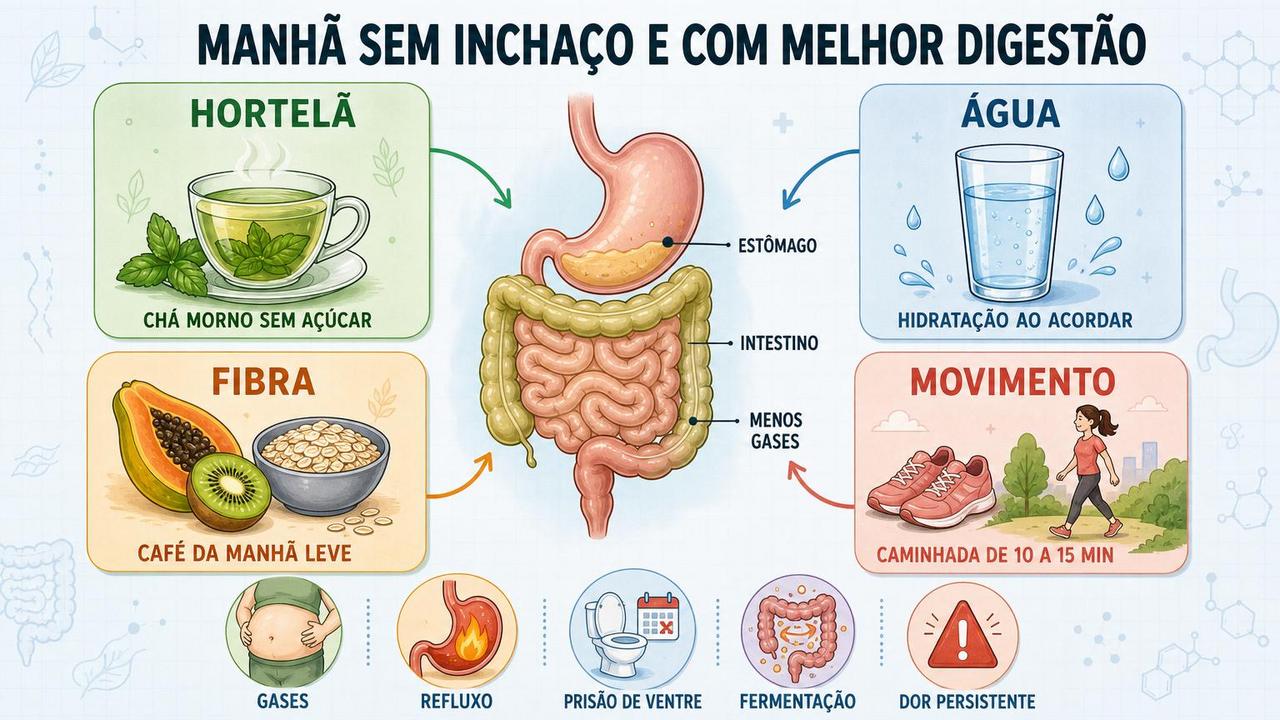 Hortelã, água, fibra e caminhada ajudam a melhorar a digestão matinal.