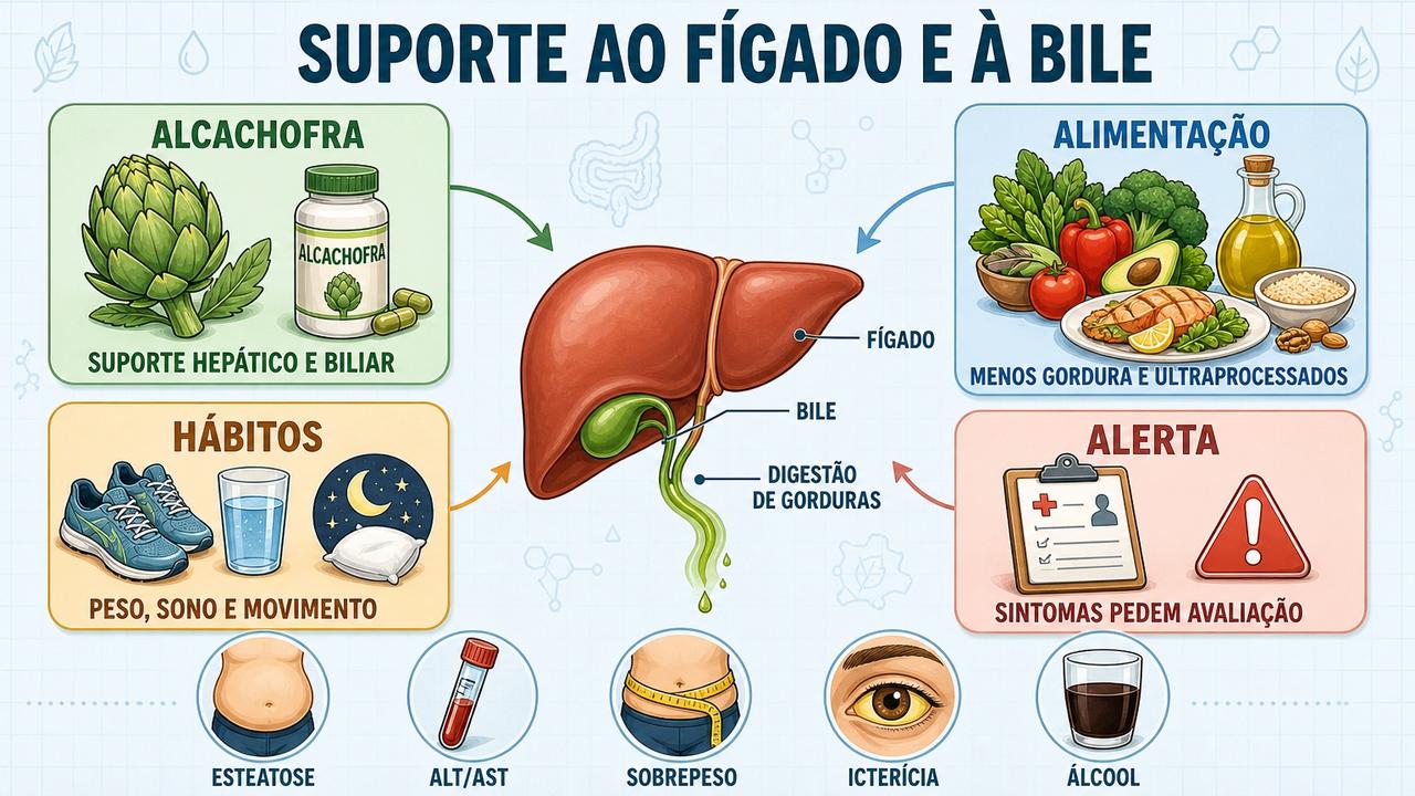 Infográfico resume alcachofra, alimentação, hábitos e sinais de alerta hepático.