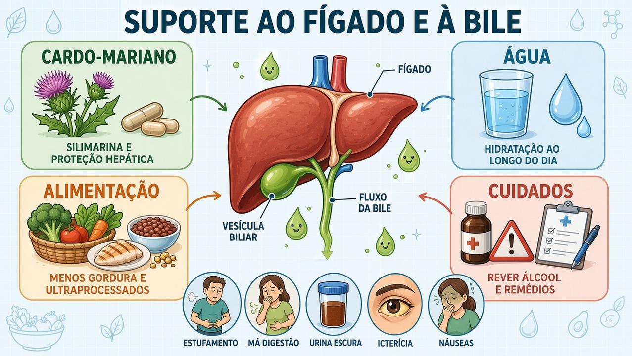 Quatro pilares ajudam o fígado: erva, água, alimentação e cuidados.