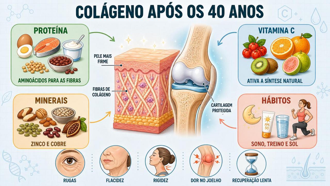 Proteína, vitamina C, minerais e hábitos formam os pilares do colágeno.