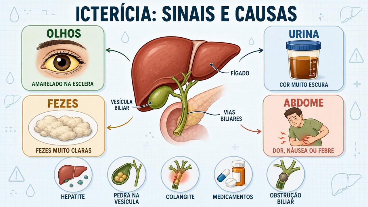 Infográfico resume sinais de icterícia e causas biliares ou hepáticas importantes.