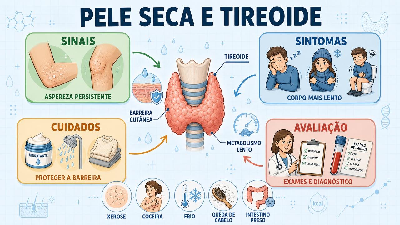 Infográfico resume sinais, sintomas, cuidados e avaliação da pele seca persistente.