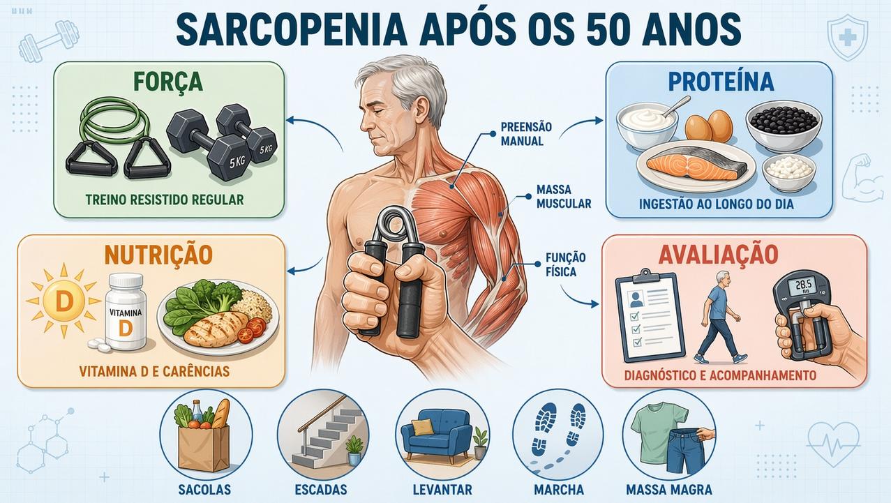 Treino, proteína, nutrição e avaliação formam os pilares contra a sarcopenia.