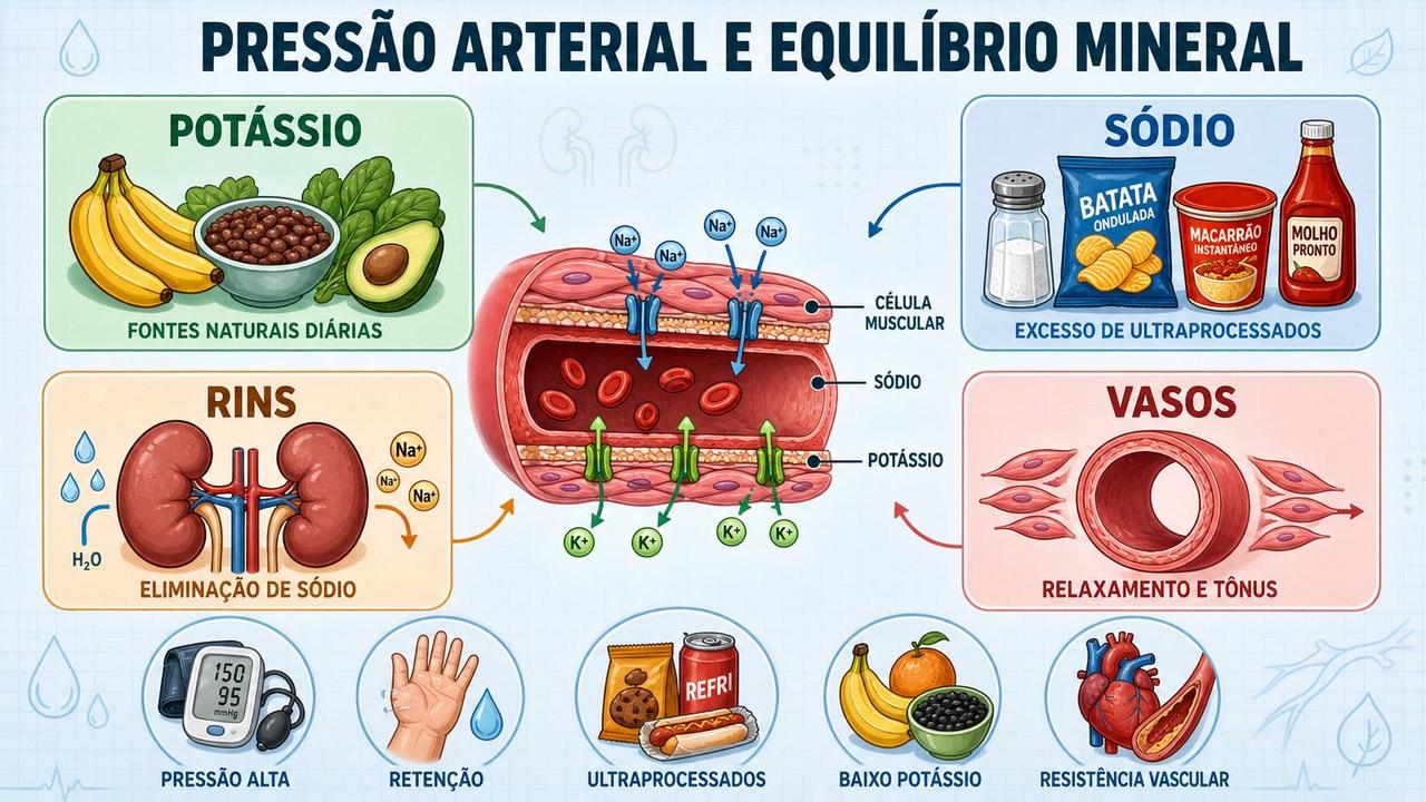 Quatro pilares mostram como potássio, sódio, rins e vasos influenciam a pressão.