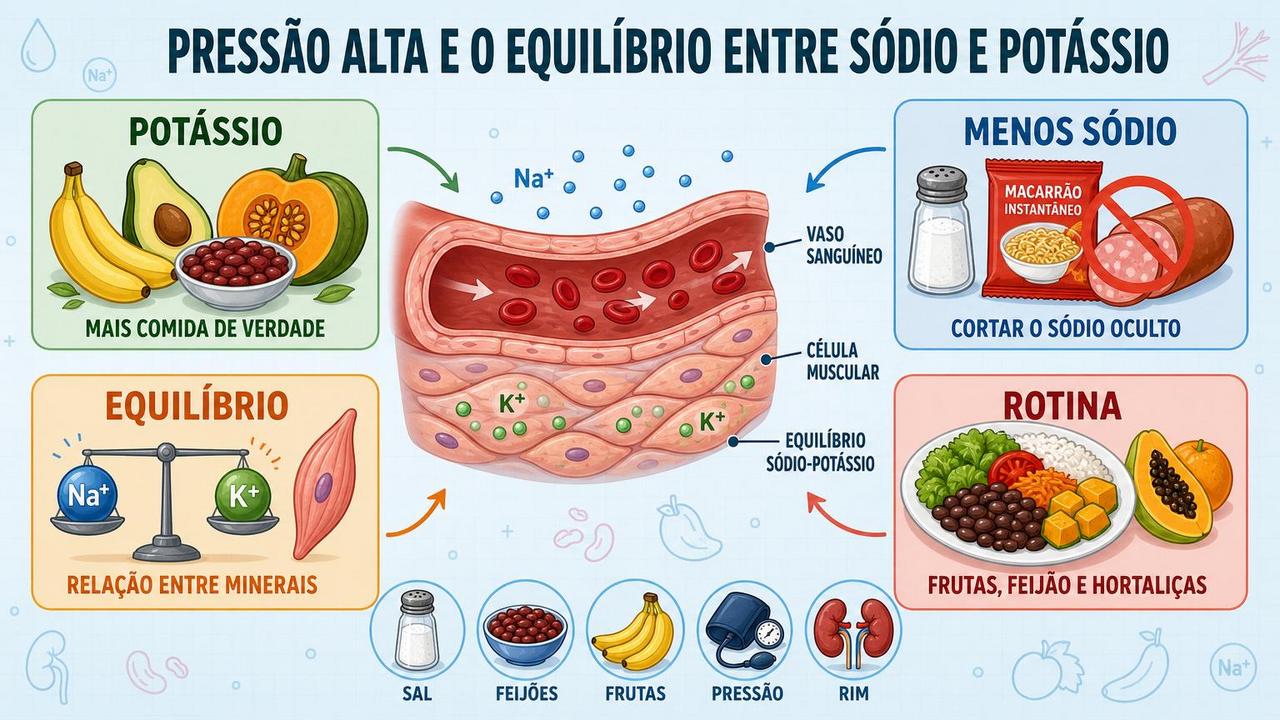 Quatro pilares para equilibrar sódio, potássio e pressão arterial.