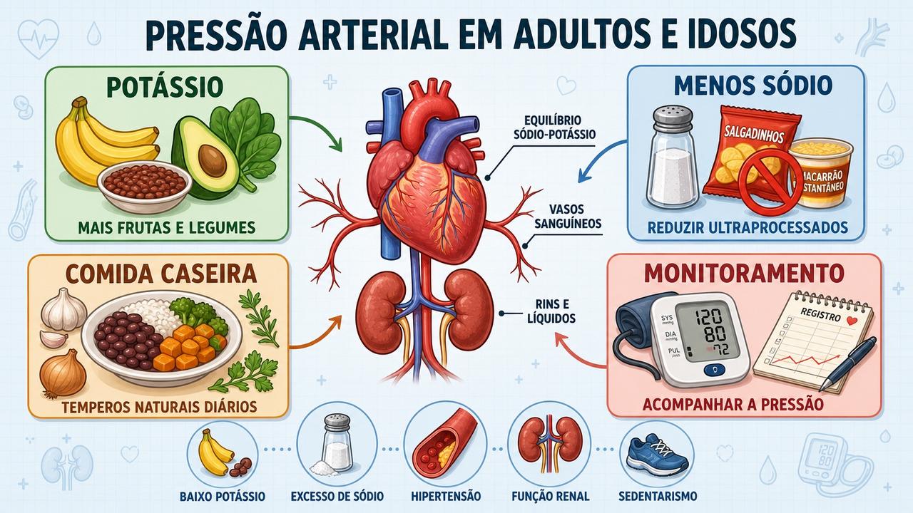 Quatro pilares para equilibrar sódio, potássio e pressão em adultos e idosos.