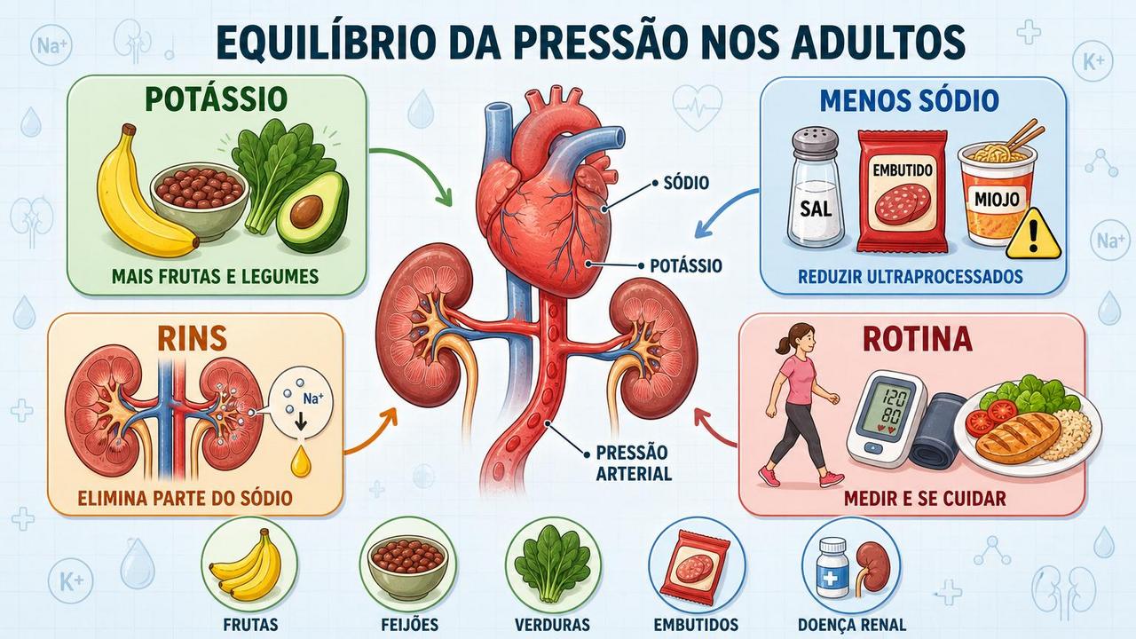 Quatro pilares ajudam a equilibrar sódio, potássio e pressão arterial.