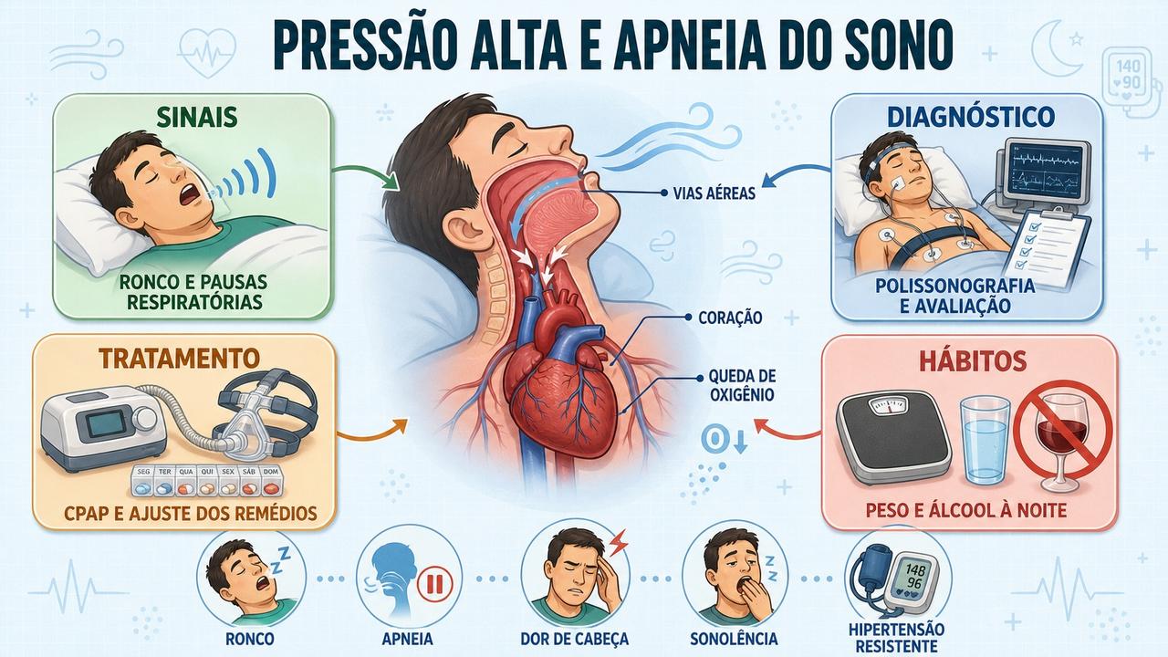 Sinais, diagnóstico, tratamento e hábitos ligam apneia do sono à hipertensão resistente.
