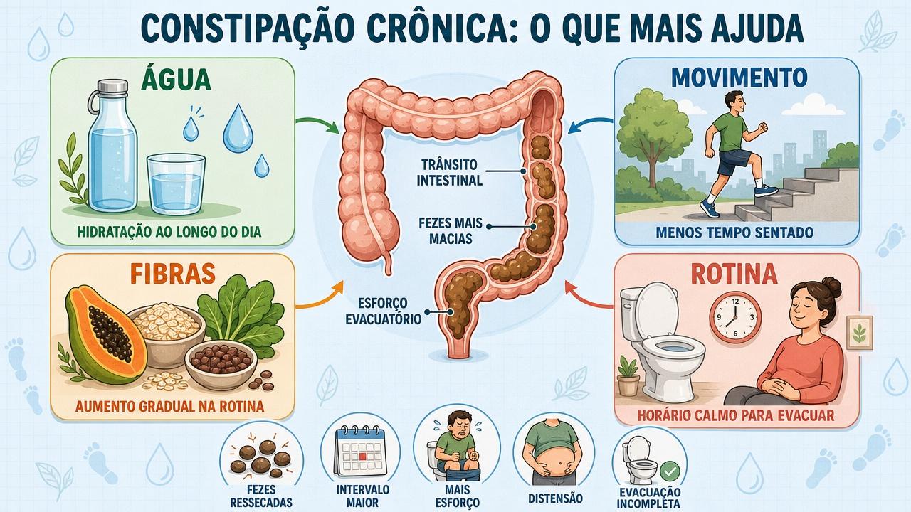 Água, movimento, fibras e rotina intestinal formam os pilares contra a constipação.