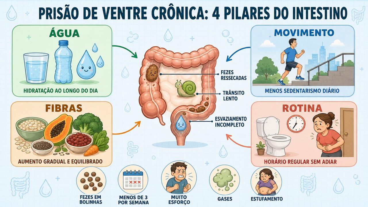 Água, movimento, fibras e rotina intestinal formam os quatro pilares principais.