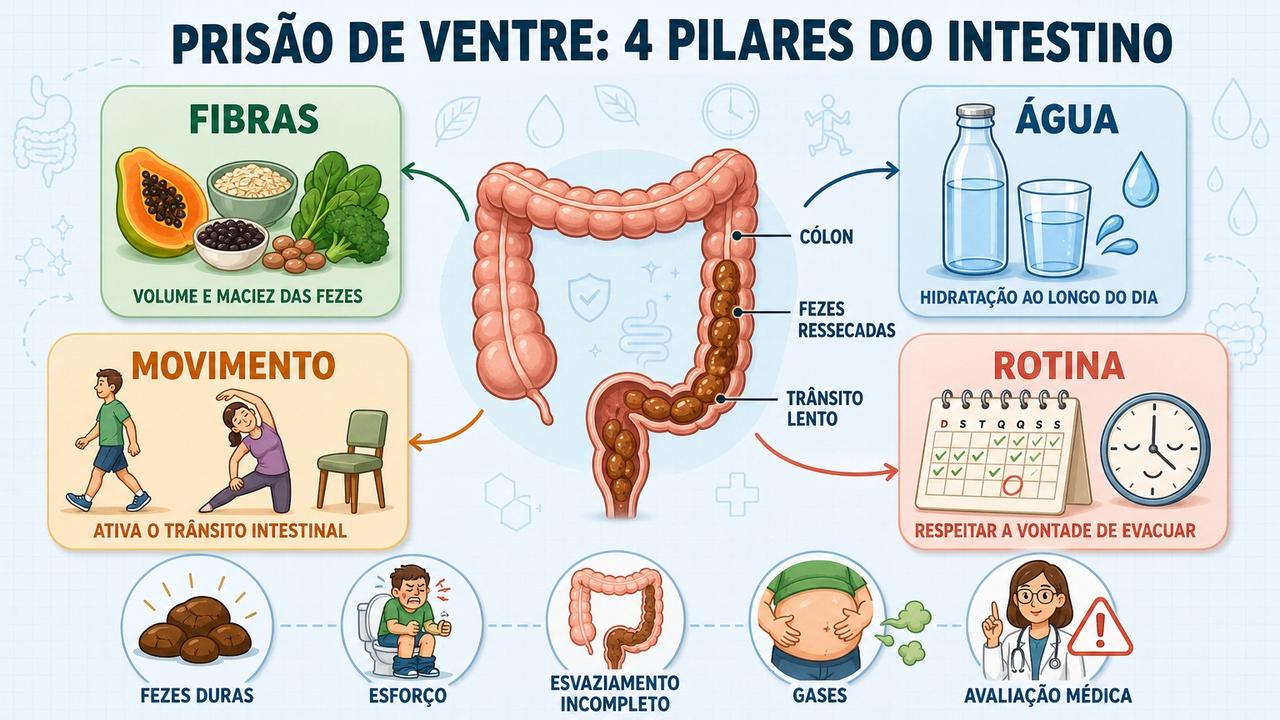 Infográfico resume os quatro pilares que ajudam a regular o intestino.