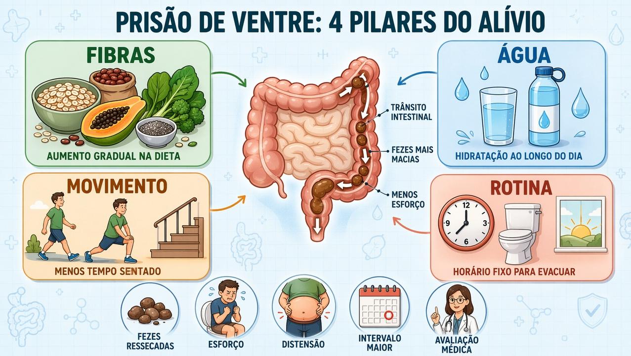 Fibras, água, movimento e rotina intestinal formam os pilares do alívio.