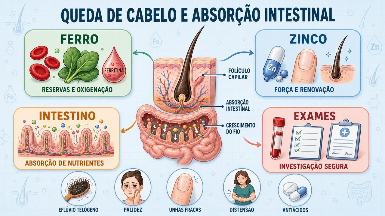 Ferro, zinco, intestino e exames orientam a investigação da queda capilar.