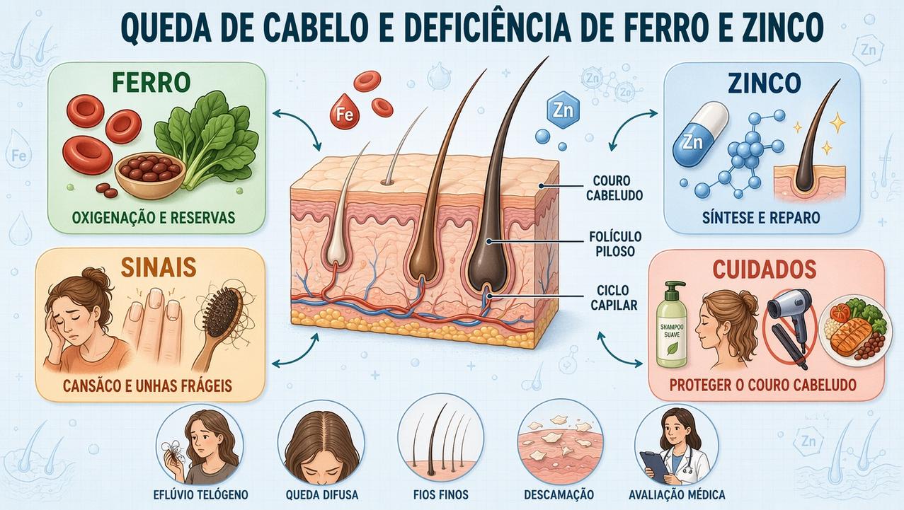 Infográfico resume minerais, sinais clínicos, cuidados e alterações do ciclo capilar.