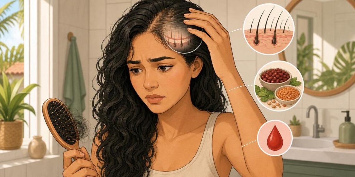 A queda de cabelo nem sempre se deve ao estresse, mas sim à deficiência de ferro e à ferritina baixa que enfraquecem a raiz do fio
