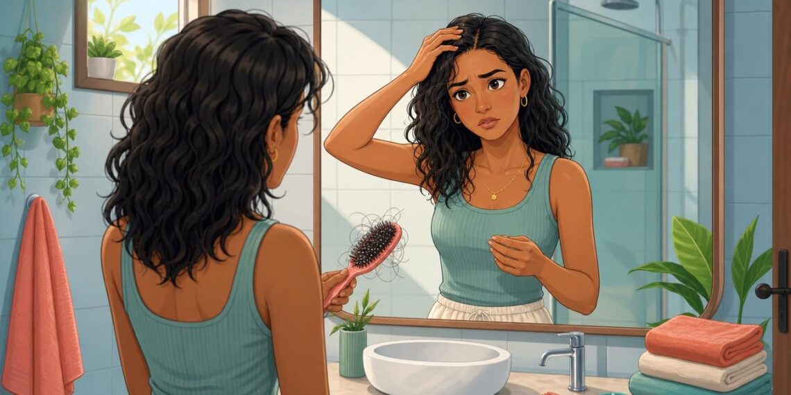 A queda de cabelo persistente nem sempre é genética: muitas vezes é o primeiro sinal de ferritina baixa ou alteração da tireoide