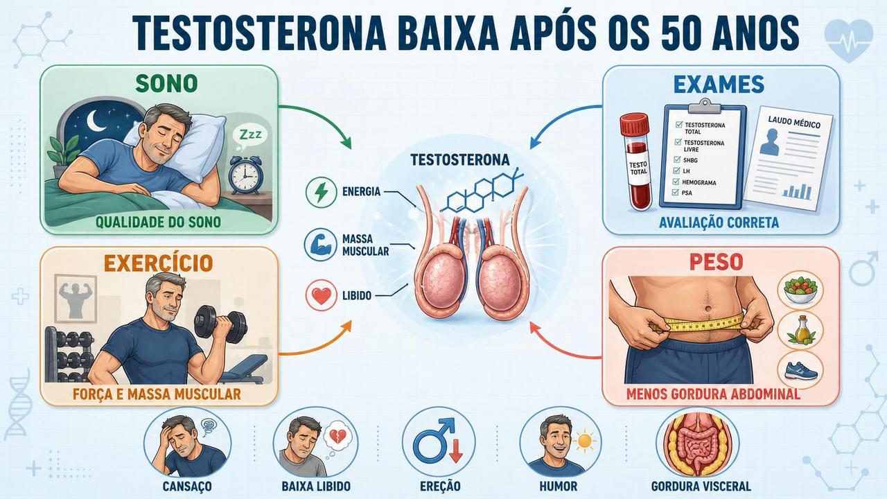 Sono, exames, exercício e peso influenciam testosterona, disposição e função sexual.