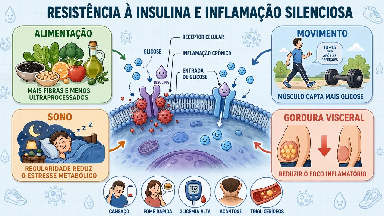 Alimentação, movimento, sono e gordura visceral influenciam a resistência à insulina.