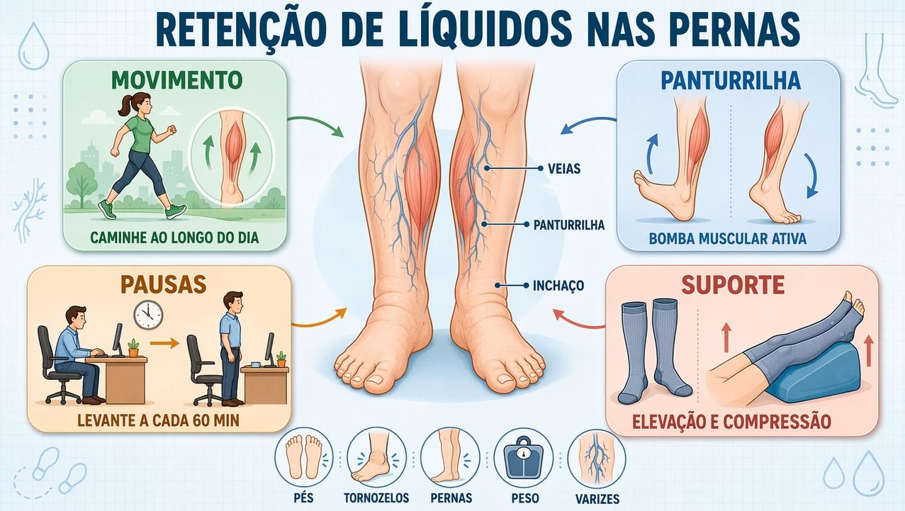 Movimento, panturrilha, pausas e suporte ajudam a reduzir retenção de líquidos.