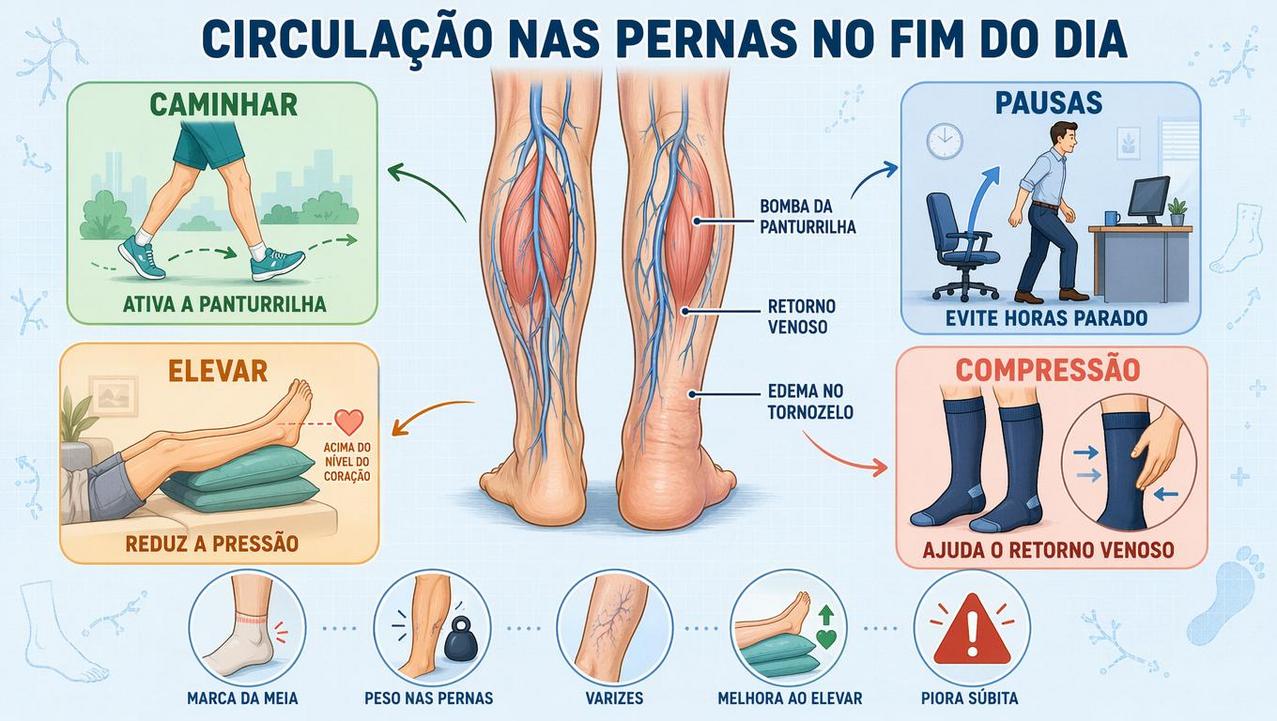 Caminhar, pausas, elevação e compressão ajudam a reduzir o edema venoso.
