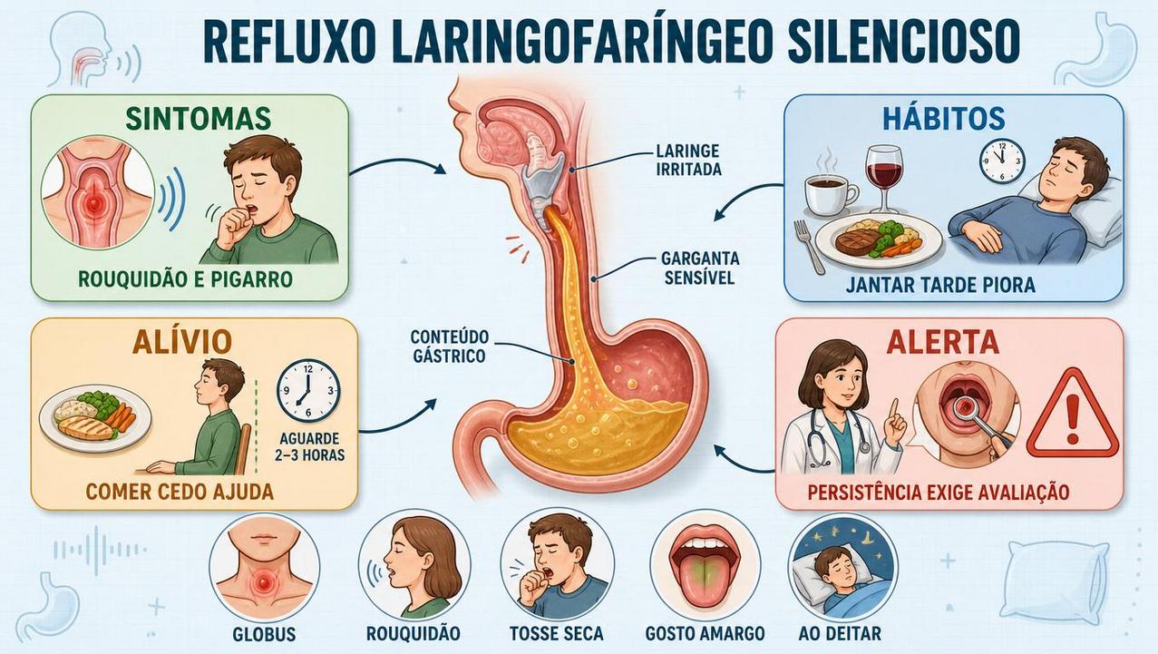 Sintomas, hábitos, alívio e alertas do refluxo laringofaríngeo silencioso.