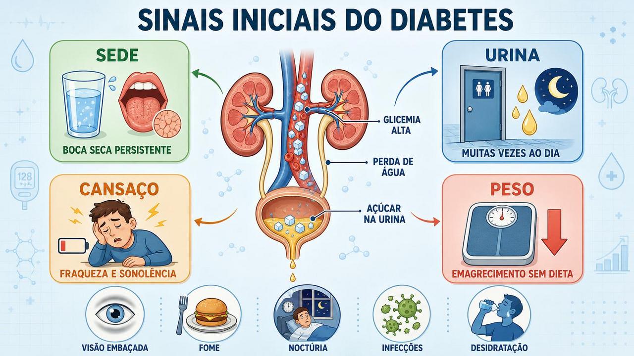 Infográfico resume sinais precoces do diabetes ligados à desidratação e poliúria.